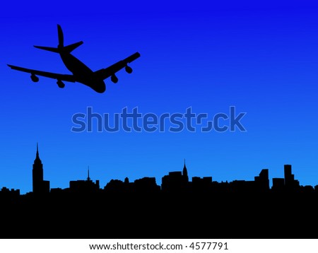 four engine plane flying towards midtown manhattan