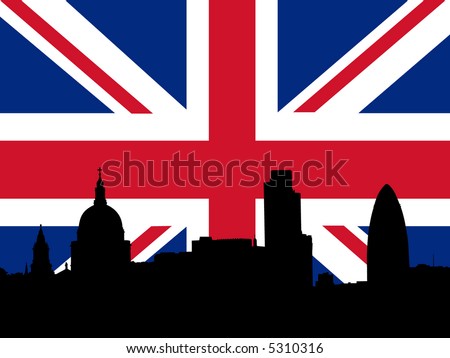 St Paul's cathedral and London skyscrapers with British flag