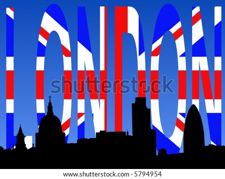 St Paul's cathedral and London skyscrapers with flag text