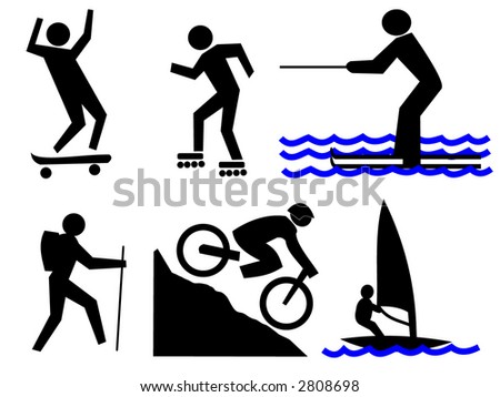 sport activities skating, water skiing, mountain biking, wind surfing,