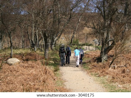 Family walking in countryside through woodlands