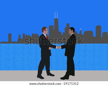 business men meeting with handshake and Chicago skyline