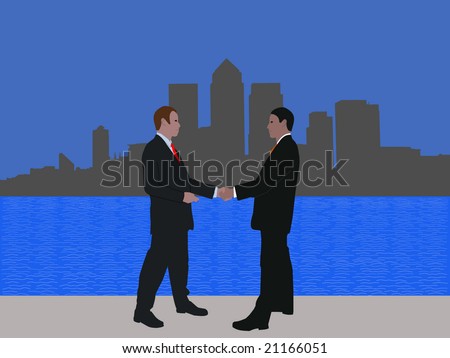 business men meeting with handshake and London docklands skyline