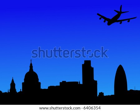plane flying over St Paul's cathedral and London skyscrapers