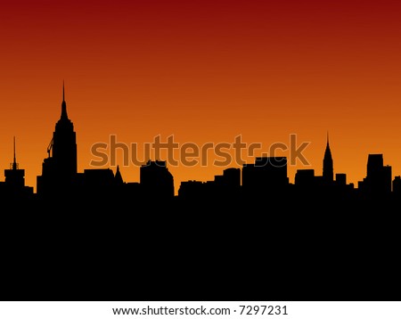 Midtown Manhattan skyline at sunset illustration with over 30 separate buildings in eps format
