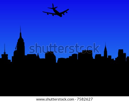 four engine plane arriving in Midtown Manhattan skyline with over 30 separate buildings in eps format