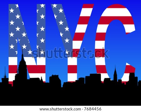 Midtown Manhattan skyline with flag text illustration