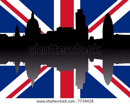 St Paul's cathedral and London skyscrapers reflected with British flag