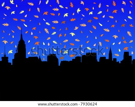 Midtown Manhattan skyline in autumn with falling leaves