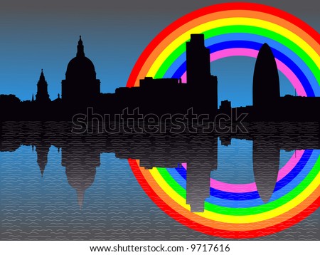 St Paul's cathedral and London skyscrapers reflected with rainbow