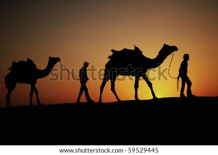 JAISALMER, INDIA-NOVEMBER 15:They walk together find a place spend the night at dunes, November 15, 2008 in Samsanddune Jaisalmer India. The dune is a desert national park, popular attractions.