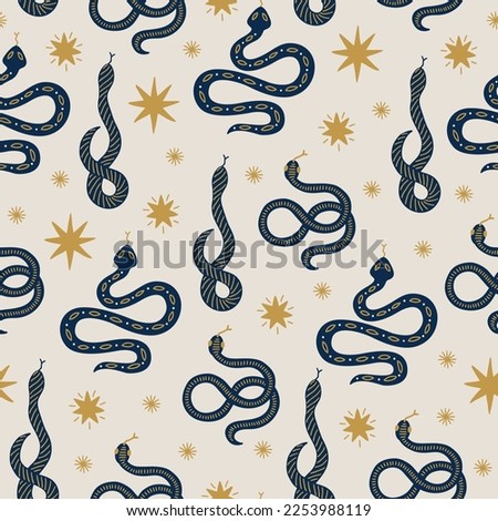 Magic seamless pattern with snakes and stars on beige background. Perfect for greeting card, celestial decoration, wallpaper, wrapping paper, fabric. Vector illustration