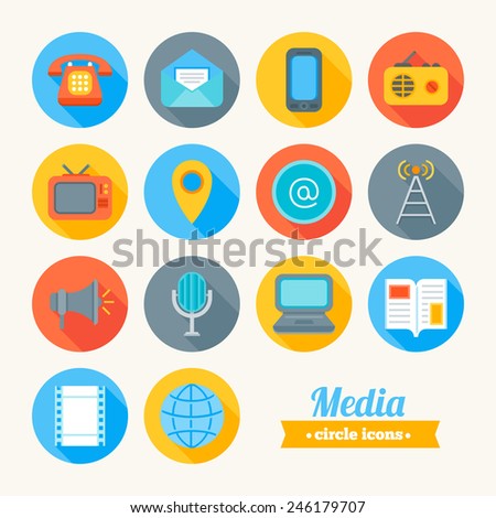 Set of round flat media icons. Phone, Letter, Mobile, Radio, TV Set, Mark, Mail, Tower, Loudspeaker, Microphone, Laptop, Newspaper, Movie, Internet. Perfect for web pages, mobile applications