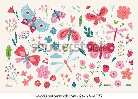 Summer collection - butterflies, flowers, dragonfly, leaves, hearts, roses, tulips, briar, rain drops in Red, Pink, Blue, Green. Perfect for seasonal greetings. Vector illustration 