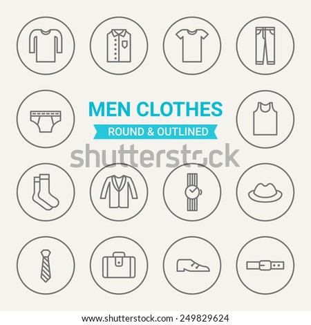 Set of round and outlined men clothing icons. Cardigan, Shirt, T-Shirt, Trousers, Underwear, Socks, Jacket, Wristwatch, Hat, Tie, Case, Shoes, Belt. Perfect for web pages, mobile applications, prints