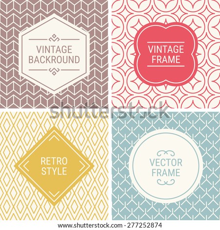 Set of vintage frames in Red, Gold, Blue, Brown and Beige on mono line seamless background. Perfect for greeting cards, wedding invitations, retro parties. Vector labels and badges