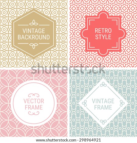 Set of vintage frames in Gold, Red, Pink, Grey and Beige on mono line seamless background. Perfect for greeting cards, wedding invitations, retro parties. Vector labels and badges