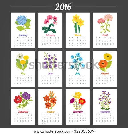 Calendar Template 2016 with flowers. Hydrangea, Orchid, Narcissus, Carnation, Dandelion, Bellflower, Knapweed, Gerbera, Anemone, Lily, Portulaca, Quaker Ladies