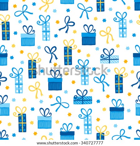 Hanukkah seamless pattern with gifts, bows, ribbons and Jewish star. Perfect for wallpapers, patterns fills, gift papers, textile, web page background, Hanukkah greeting cards
