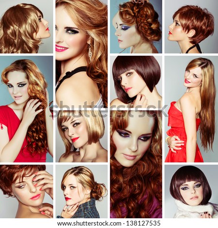 collage of the same beautiful young woman wearing different make-up and long and short hairstyles on studio background