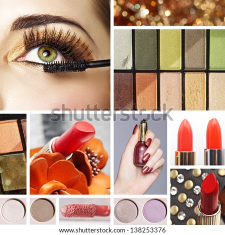 Makeup mood board collage with warm gold eyeshadow and orange red lipsticks including closeup of womans eye with false eyelashes