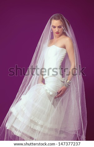 Beautiful young brunette bride wearing wedding dress and corset under a veil against pink studio background