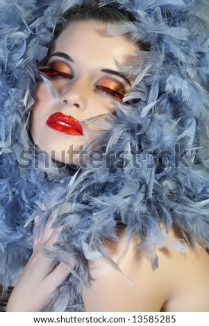 beautiful woman with face framed in silver grey feathers with long faux lashes