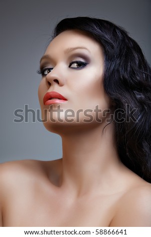 beautiful woman with long black hair, coral lips and smoky eyeshadow, from 16Bit RAW