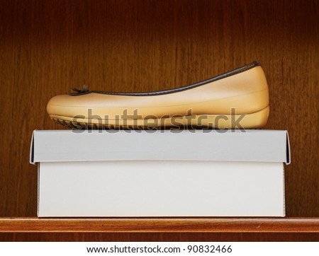 brown plastic shoe on a box on the shelf in the shop
