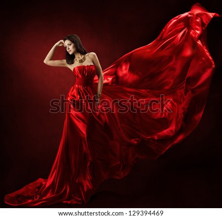Woman In Red Waving Dress Dancing With Flying Fluttering Fabric Stock ...