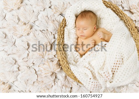 Baby newborn sleeping in art basket on white leaves wrapped in woolen blanket