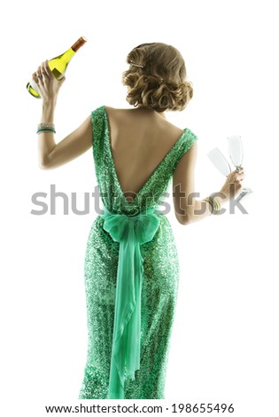 woman whit champagne wine glasses, elegant lady celebration party, luxury girl dancing in evening dresses, isolated on white background