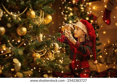 Image, Stock Photo Boy decorating Christmas tree in evening