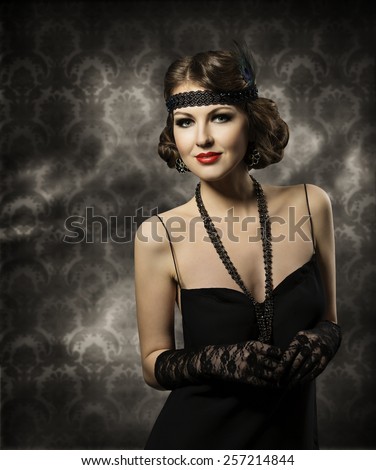 Retro Woman Hairstyle Portrait, Elegant Lady Make Up with Vintage Finger Waves Hair Style, Fashion Model in Black Dress