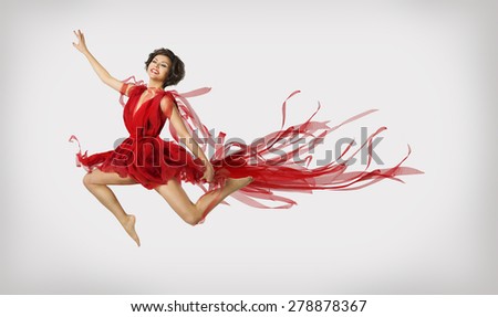 Woman Running in Jump, Girl Performer Leap Dancing in Red Dress, over light gray background