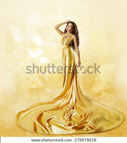Fashion Model Yellow Dress, Woman Posing Twisted Beauty Gown with Long Pleats