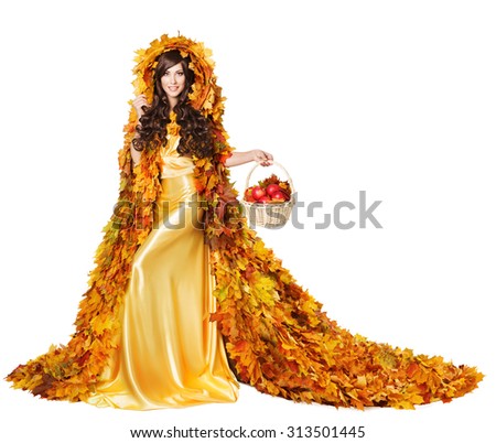 Autumn Woman in Fall Leaves Cape with Apples, Model Girl in Fashion Yellow Dress, isolated on White Background