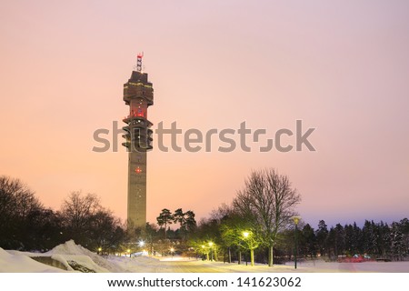STOCKHOLM, SWEDEN - DECEMBER 24: The TV tower Kaknastornet at night on December 24, 2012.  The TV tower Kaknastornet  is a major hub of Swedish television, radio and satellite broadcasts.