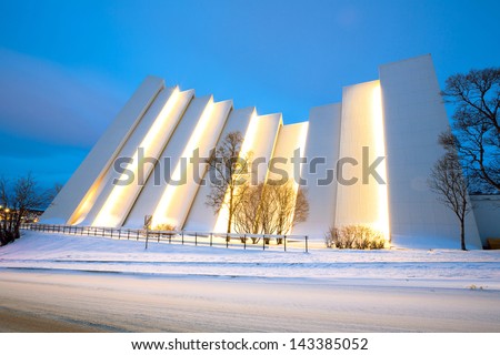 Tromso Arctic Cathedral Church in Norway at dusk twilight