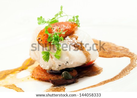 Gourmet Main Entree Course Grilled Snow Fish with brown sauce