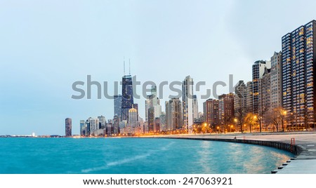 Panorama of City of Chicago downtown and Lake Michigan at dusk