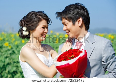 portrait of bride and groom seeing each other on sunflower field