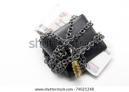 black leather wallet with numeric pad lock and thai banknote