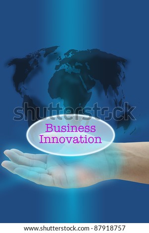hand hold business innovation virtual button interface with world map background