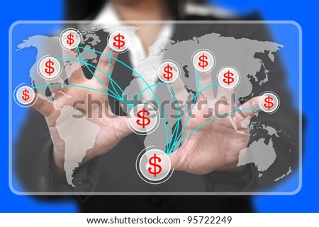 Business hand press on virtual screen interface for making money concept