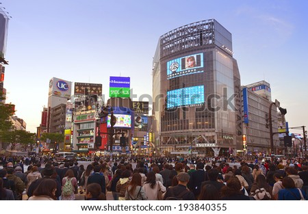 TOKYO JAPAN - APRIL 9 : Shibuya shopping area April 9, 2014 in Tokyo, Japan. The district is a map or shopping area for teenager and tourist from around the world.