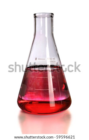 Laboratory flask with red colorant isolated over white - With clipping path