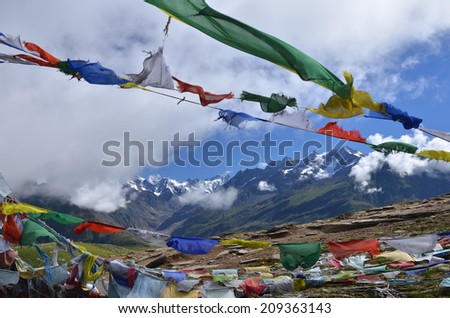 Plenty of colorful Buddhist prayer flags on the road.Manali,India