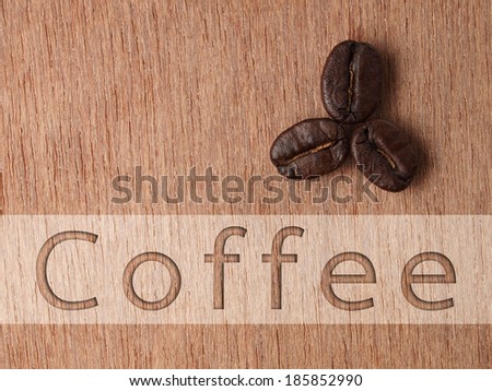 Coffee word banner with Roasted Coffee Beans on wood texture, monotone color background