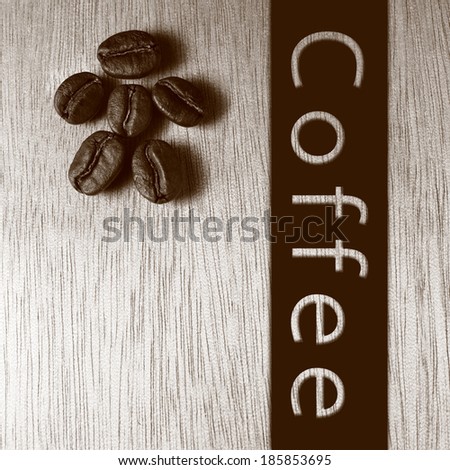 Coffee word banner with Roasted Coffee Beans on wood texture table